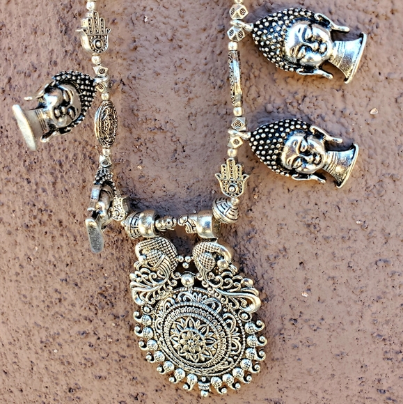 New Oversized Buddha Heads 925 Silver Tribal Necklace. - Picture 7 of 15